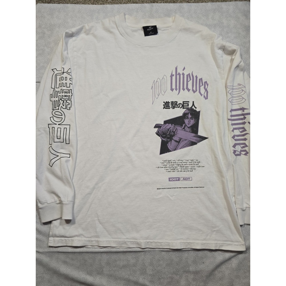 100 Thieves Attack On Titan Anime Graphic T-shirt Men's size M White Long Sleeve